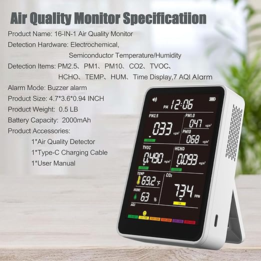 Professional Indoor Air Quality Monitor with AQI Alerts, Portable Real-Time Detector for Home, Car, Plants & Pets (Oyster White)