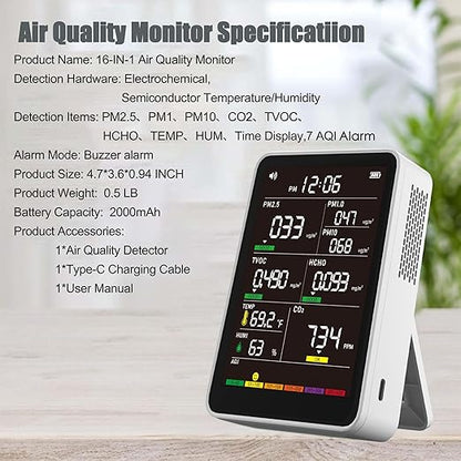 Professional Indoor Air Quality Monitor with AQI Alerts, Portable Real-Time Detector for Home, Car, Plants & Pets (Oyster White)