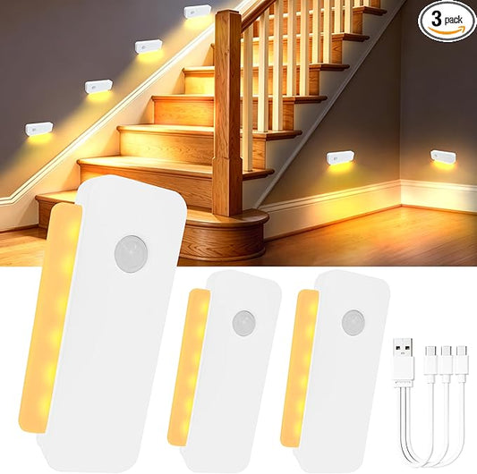 ROOKIELEDS Smart Sync Motion Sensor Night Light, Rechargeable Stair Lights with Multi-Light Linkage, Portable Nightlight for Stairs, Hallways, Garages, Bedrooms(3)
