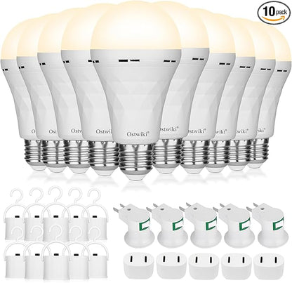Ostwiki 10 Pack Rechargeable Light Bulbs, Emergency Light Bulbs for Power Outage Hurricane Camping 3000K Warm Light Battery Operated Light Bulb 9W E26 1200mAh Battery Backup Soft Light Bulb for Lamps