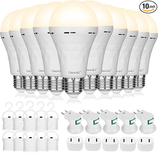 Ostwiki 10 Pack Rechargeable Light Bulbs, Emergency Light Bulbs for Power Outage Hurricane Camping 3000K Warm Light Battery Operated Light Bulb 9W E26 1200mAh Battery Backup Soft Light Bulb for Lamps
