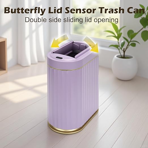 SYNCVIBE Bathroom Trash Can with Butterfly Lid 2 Gallon Sensor Trash can, IPX5 Waterproof Garbage Can Bathroom Decor, Automatic Trash Bin, Under-Counter Wastebasket for Bedroom, Living Room, Purple