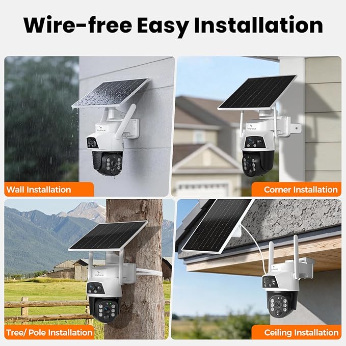 Dual Lens Wireless Home Security System Outdoor, Solar-Powered, 4PCS 2-in-1 Cameras, 10CH 4K NVR, 500GB HDD, 2.4/5GHz WiFi 6, AI Tracking, 360° PTZ, Color Night Vision, IP66, No Monthly Fee