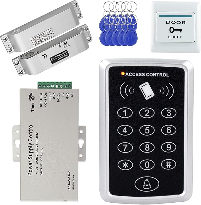 Door Entry System with Waterproof Access Control Keypad Power Supply DC 12V,Door Lock Release Switch,Electric Lock and 125KHZ RFID Key Fobs Electric Bolt Lock