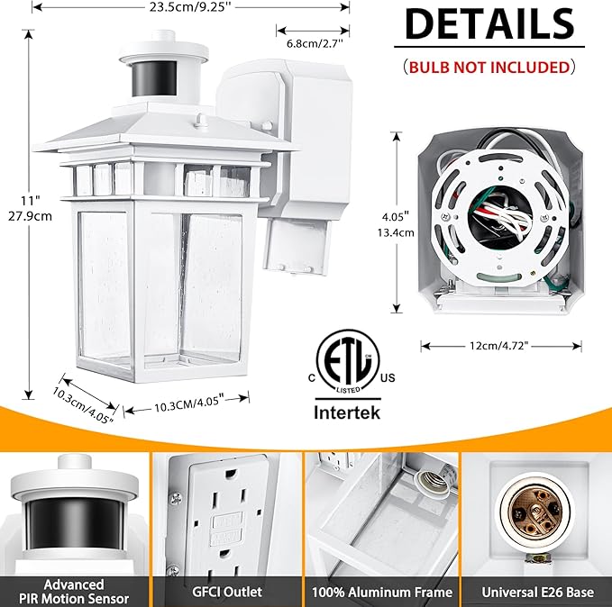 Porch Light with GFCI Outlet, White Dusk to Dawn Motion Sensor Outdoor Lights, 3-Mode Wall Exterior Lighting Fixture, Waterproof Outside Lights Sconce for House Front Door Patio Garage