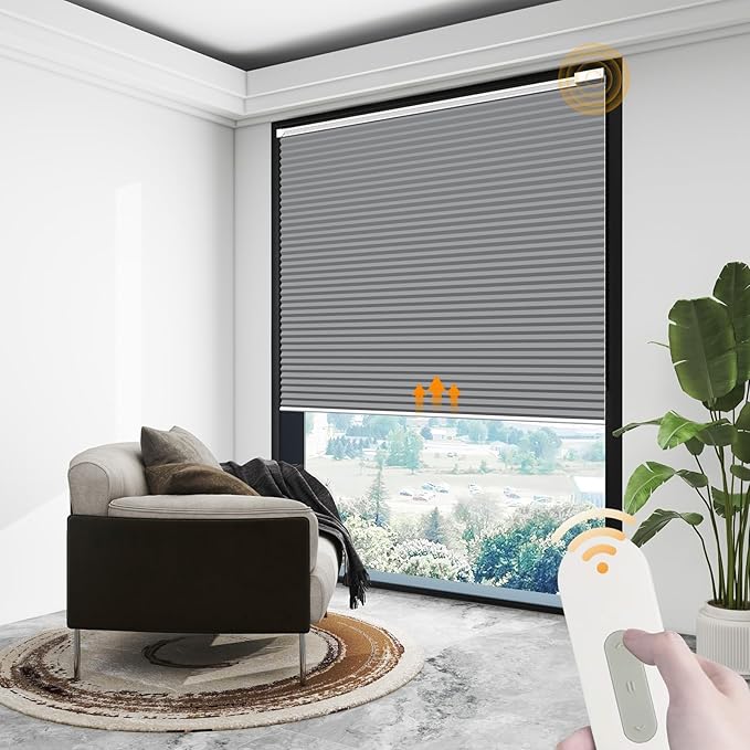 Motorized Cellular Shades Cordless Blackout Rechargeable Window Shades with Remote for Privacy Protection Smart Home Electric Curtains Automatic Honeycomb Blinds for Windows, 36" x 48", Grey