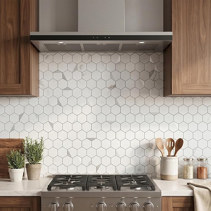 10-Sheet Peel and Stick Tiles for Kitchen Backsplashes, Hexagon 12.2x11.54 inches Marble White Mixed Silver Metal 3D PVC Wall Tile Stick on Backsplash for Bathroom Waterproof