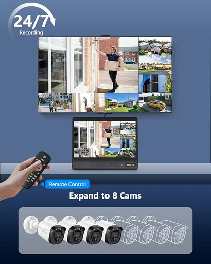 3K 5MP Wired CCTV Security Camera System with 122° Ultra Wide Angle, 4CH DVR with Monitor, 4X IP66 Indoor Outdoor Cameras, 65ft IR Night Vision, Free App, No Subscription Fee, Remote Access