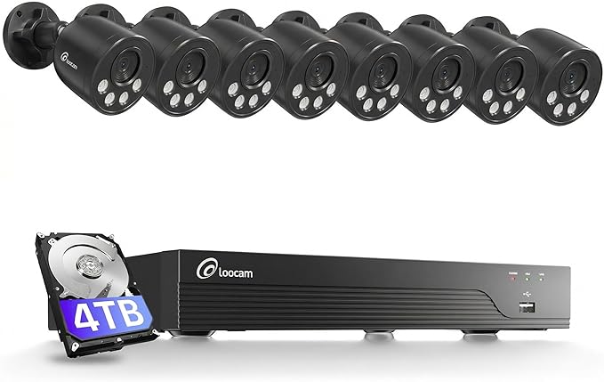 Loocam 16CH 8MP Home Security Camera System, 8pcs Wired Outdoor PoE IP Cameras with AI Detection, 4K 16CH NVR Security System with 4TB HDD for 24/7 Recording, UHD Night Vision, Plug & Play