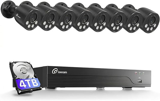 Loocam 16CH 8MP Home Security Camera System, 8pcs Wired Outdoor PoE IP Cameras with AI Detection, 4K 16CH NVR Security System with 4TB HDD for 24/7 Recording, UHD Night Vision, Plug & Play