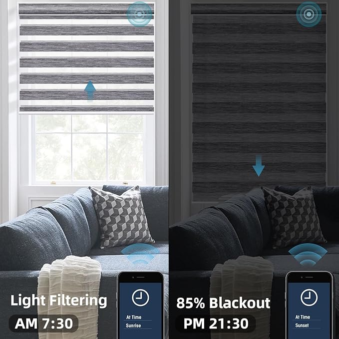 SmartWings Motorized Zebra Blinds with Remote, Custom Size Smart Electric Roller Shades for Windows, Automatic Light Filtering Dual Layer, Cordless Battery Motor, 95mm 85% Blackouit Light Grey