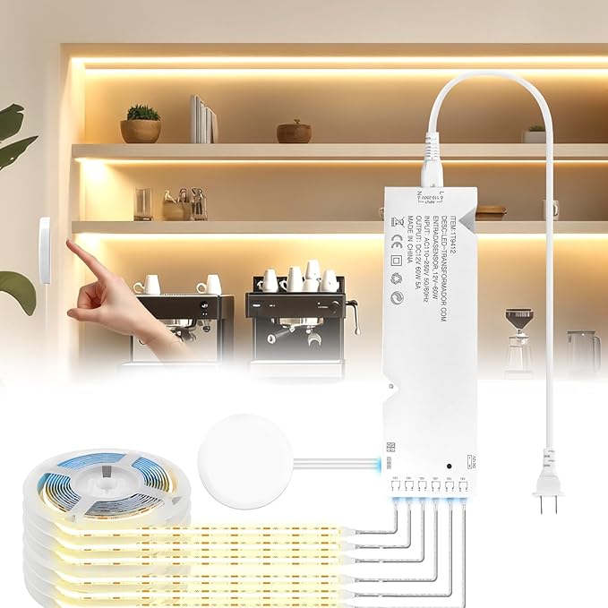 COB LED Strip 6pcs 6.56FT, 2700k Warm LED Strips, 12V Acoustic Panels Cuttable LED Strip Lights, Touch and Hand Sweep Dimmer Switching, Led Light Kit for Wine Cabinets, Cupboards, Kitchen,Shelves