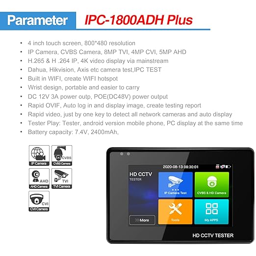 Rsrteng CCTV Camera Tester Support 12MP IP Camera 8MP TVI/CVI/AHD Camera CVBS Camera 4-inch IPS Touch Screen Monitor CCTV Tester Support POE PTZ 4K RS485 TF Card Slot