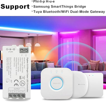 Tuya Zigbee 3.0 Single Color LED Strip Controller PWM Dimmer 2 Pin V+ V- DC 5V 12V 24V Max 15A Compatible with Alexa Echo Plus 4th Gen Tuya Gateway for FCOB COB 5050 2835 LED Light