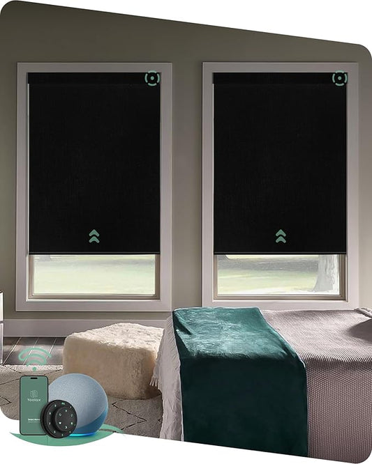 Yoolax Motorized Blinds with Remote, 100% Blackout Smart Blinds Work with Alexa, Google, Apple Homekit, Motorized Shades for Bedroom, Custom Electric Shades Voice Control (Fabric Black)