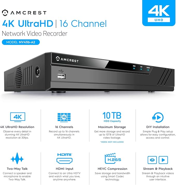 Amcrest 4K 16CH NVR (1080p/3MP/4MP/5MP/8MP) Network Video Recorder - Supports up to 16 x 8MP/4K IP Cameras, 16-Channel Supports up to 10TB HDD (Not Included) NV4116-A2