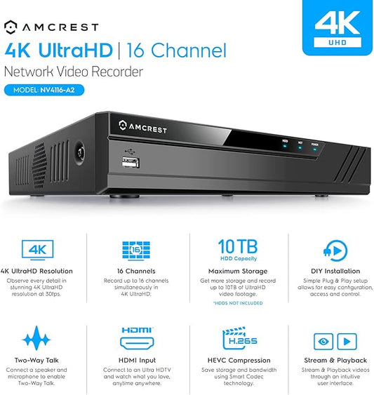 Amcrest 4K 16CH NVR (1080p/3MP/4MP/5MP/8MP) Network Video Recorder - Supports up to 16 x 8MP/4K IP Cameras, 16-Channel Supports up to 10TB HDD (Not Included) NV4116-A2