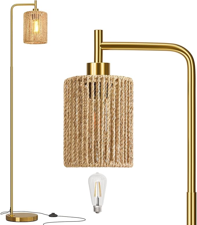 Oneach 66" Gold Floor Lamp for Living Room, Boho Floor Lamp with LED Bulb, Foot Switch, Rattan Shade, Industrial Tall Farmhouse Standing Lamp for Bedroom, Dining Room, Study Room, Office