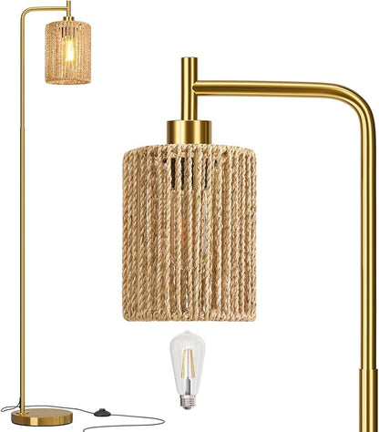 Oneach 66" Gold Floor Lamp for Living Room, Boho Floor Lamp with LED Bulb, Foot Switch, Rattan Shade, Industrial Tall Farmhouse Standing Lamp for Bedroom, Dining Room, Study Room, Office