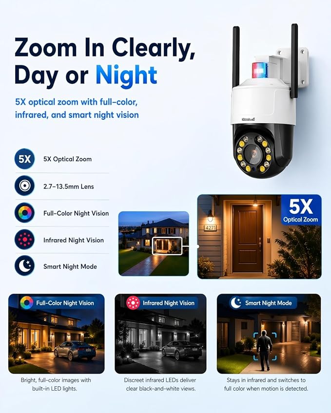 JideTech 4K 8MP Security Camera Outdoor, 5X Optical Zoom, PTZ Camera WiFi 2.4/5GHz, Red & Blue Light Alarm, Color Night Vision Floodlight, Automatic Human Tracking, Human Vehicle Pet Detection