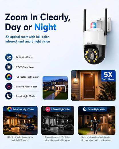 JideTech 4K 8MP Security Camera Outdoor, 5X Optical Zoom, PTZ Camera WiFi 2.4/5GHz, Red & Blue Light Alarm, Color Night Vision Floodlight, Automatic Human Tracking, Human Vehicle Pet Detection