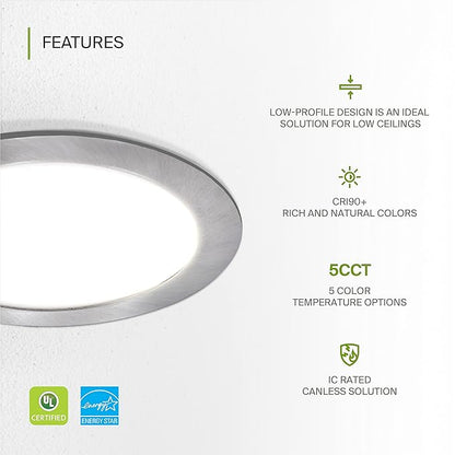 ASD 6 Pack LED Recessed Lighting 6 Inch 15W, 5 CCT 2700K-5000K CRI90+, IC Rated Ultra Thin Dimmable Ceiling Lights with J Box, Canless Wafer Downlight, Round Slim Panel Light, UL Energy Star, Nickel