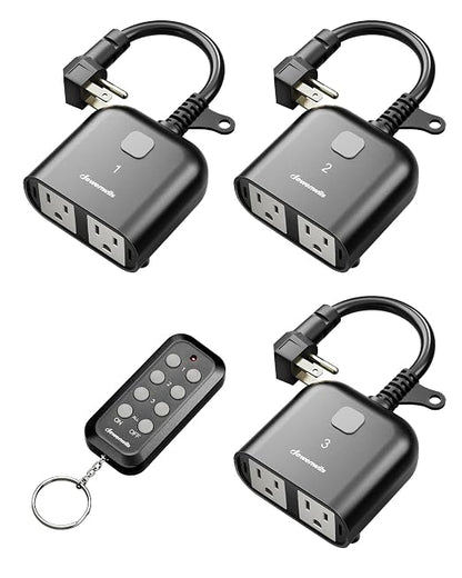 DEWENWILS Outdoor Wireless Remote Control Outlet, Dual Grounded 15A Heavy Duty Plug-in Light Switch, 100FT RF Range, Weatherproof, Individual & All-in-One Remote, 1 Remote & 3 Receivers, Black