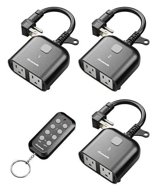 DEWENWILS Outdoor Wireless Remote Control Outlet, Dual Grounded 15A Heavy Duty Plug-in Light Switch, 100FT RF Range, Weatherproof, Individual & All-in-One Remote, 1 Remote & 3 Receivers, Black
