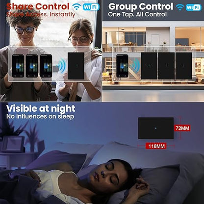 Smart Light Switch Need Neutral Wire,FCC Certified,2.4GHz WiFi Push Button Switch Compatible with Alexa,APP Control Compatible with Tuya/Smart Life,Black 1 Gang