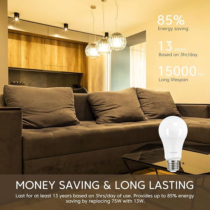 Linkind A19 LED Light Bulbs, 75 Watt Equivalent Dimmable Light Bulbs, E26 Base, 2700K Soft White, 13W 1100 Lumens, UL Listed FCC Certified, Lighting for Bedroom Living Room Home Office, 6 Packs