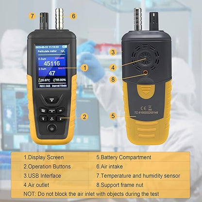 Dust Particle Counter High Sensitivity 3-Channel PM0.3/2.5/10 um Air Quality Monitor 0~1000μg/m³ USB Rechargeable Data Transfer/Temperature and Humidity Monitor