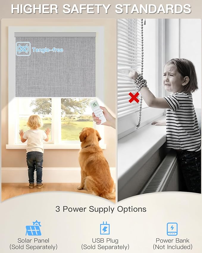 Tokblind Motorized Roller Shade with Remote Control, Blackout Electric Shade for Windows Compatible with Alexa Google via Hub, Rechargeable Smart Window Blind for Home Office (Fabric Light Grey)