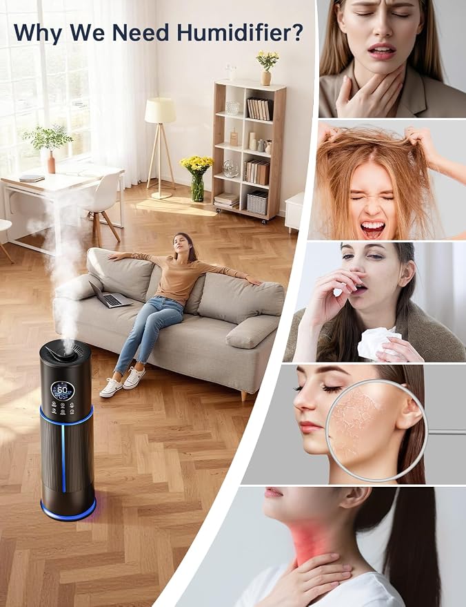 10L/2.64 Gal Humidifier for Large Room 600ft² 60H Runtime 24H Timer Auto Mode APP & Remote Control Top Fill Diffuser Aromatherapy 7 Color Lights Cool Mist Humidifier for Bedroom Home Office Plant