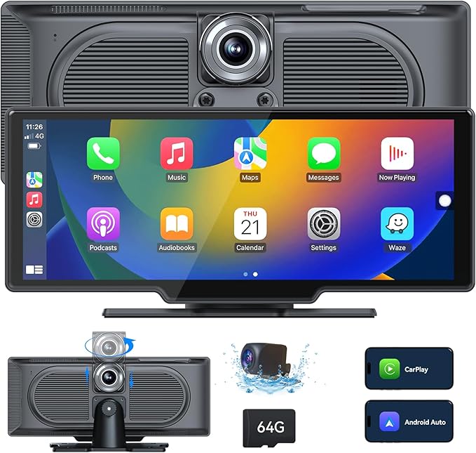 1080p Backup Camera with 10.26” Portable Carplay & Android Auto Touch Screen, Wireless Car Stereo, 4K Dash Cam, Bluetooth/GPS Navigation/Mirror Link/Voice Control/Loop Recording, 64GB TF Card Included