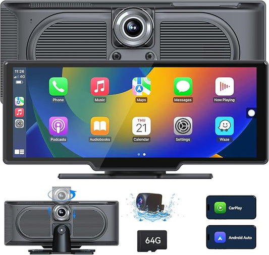 1080p Backup Camera with 10.26” Portable Carplay & Android Auto Touch Screen, Wireless Car Stereo, 4K Dash Cam, Bluetooth/GPS Navigation/Mirror Link/Voice Control/Loop Recording, 64GB TF Card Included