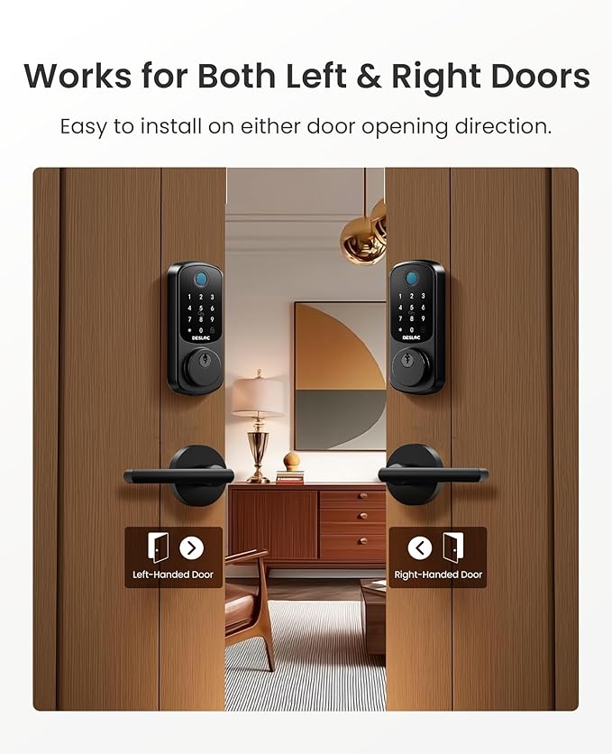 DESLOC B200 Fingerprint Smart Lock with 2 Lever Handles, Keyless Entry Front Door Lock Set, Electronic Keypad Deadbolt, App Control, Auto Lock, Long Battery Life,Matte Black