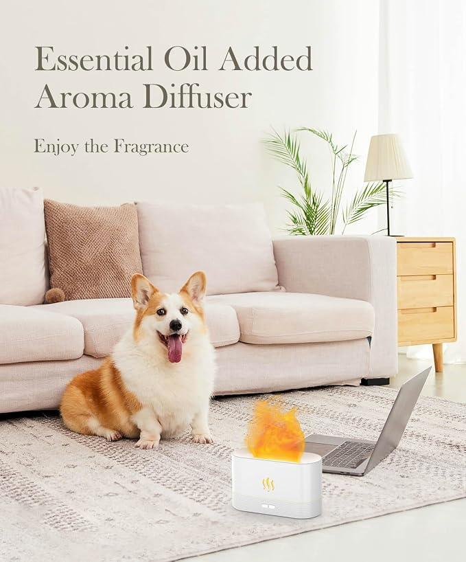 Aegci Essential Oil Diffuser Humidifer with Flame Light Effect, 180ml Air Diffuser for Essential Oils, Humidifiers for Bedroom with 2 Brightness, Auto-Off Function(White)