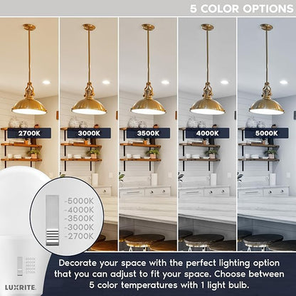 LUXRITE A19 LED Light Bulb 100 Watt Equivalent, CRI90, 5CCT Selectable 2700K 3000K 3500K 4000K 5000K, Dimmable, 1600LM, Standard LED Light Bulbs 15W, E26 Medium Base, ETL - Indoor Outdoor (6 Pack)