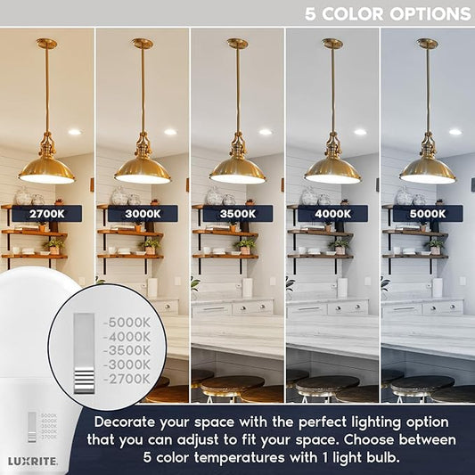 LUXRITE A19 LED Light Bulb 100 Watt Equivalent, CRI90, 5CCT Selectable 2700K 3000K 3500K 4000K 5000K, Dimmable, 1600LM, Standard LED Light Bulbs 15W, E26 Medium Base, ETL - Indoor Outdoor (4 Pack)