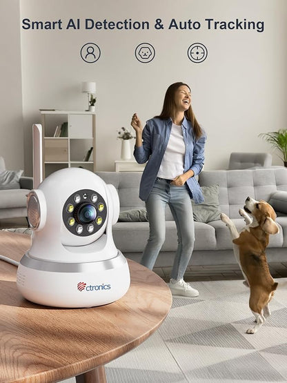 Ctronics 4K Security Camera Indoor, Dual-Band Wi-Fi, AI Human/Pet Detection with Auto Tracking, 20m Full-Color Night Vision, Sound & Light Alarm, 8 Preset Positions, App & PC