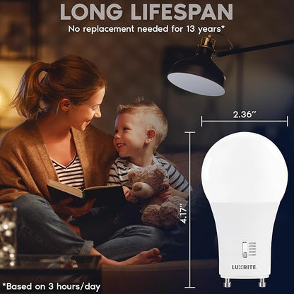 LUXRITE A19 GU24 LED Bulb, 60 Watt Equivalent, CRI90, 5CCT 2700K 3000K 3500K 4000K 5000K, Dimmable, 800 Lumens, 2 Prong Twist Lock Light Bulbs, 9W, GU24 Base, Damp Rated, ETL Listed (4 Pack)