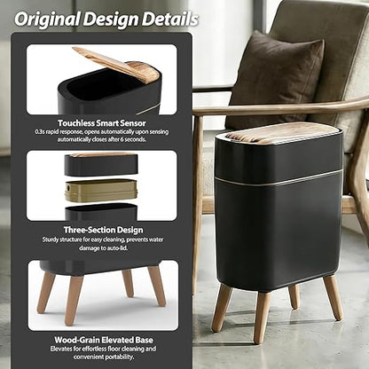 suyika Automatic Trash Can, 2.6 Gallon/10L Bathroom Trash Can with Lid - Wood Grain Lid and Legs, Touchless Waterproof Garbage Bin for Bedroom, Bathroom, Office, Living Room