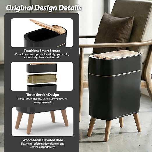suyika Automatic Trash Can, 2.6 Gallon/10L Bathroom Trash Can with Lid - Wood Grain Lid and Legs, Touchless Waterproof Garbage Bin for Bedroom, Bathroom, Office, Living Room