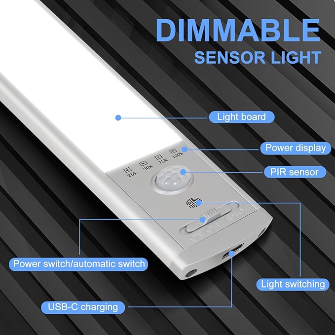 Under Cabinet Lighting, 6Pack Motion Sensor Light Indoor with 3 Color Temps, Rechargeable Under Counter Lights for Kitchen,Dimmable Closet Lights Battery Operated, 76 LED Motion Sensor Light Indoor