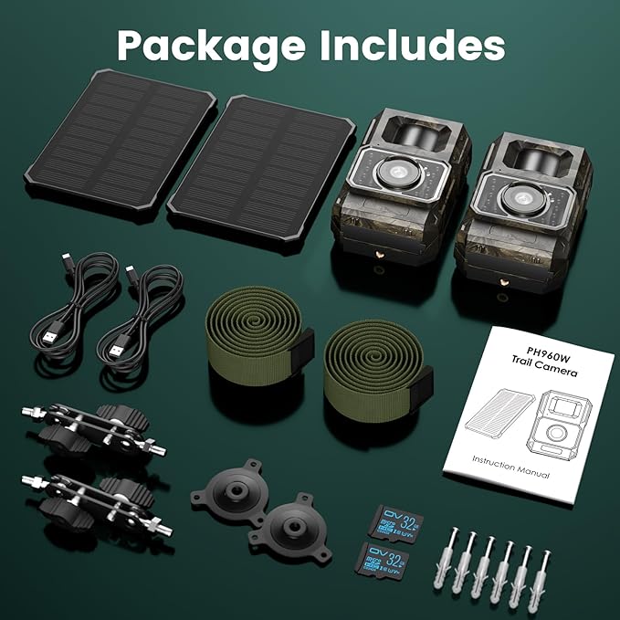 MAXDONE Solar Trail Camera 2 Pack - 4K 64MP WiFi Bluetooth Solar Deer Camera with Night Vision Motion Activated, Game Camera IP66 Waterproof, Wildlife Cameras Built-in Battery Rechargeable Power