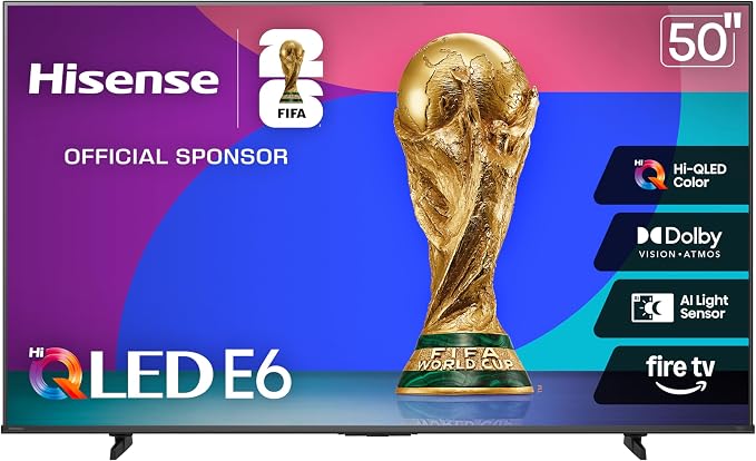 Hisense 50" E6 Cinema Series Hi-QLED 4K UHD Smart Fire TV (50E6QF) - AI Light Sensor, Dolby Vision · Atmos, Voice Remote with Alexa, Motion Rate 120, HDR 10+ Adaptive, Game Mode Plus
