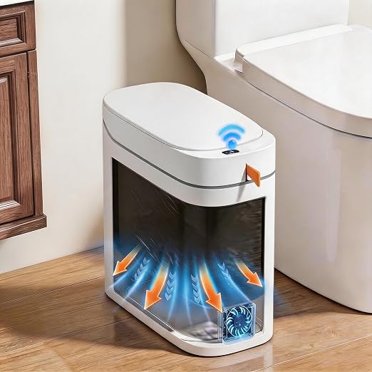 Bathroom Trash Can with Lid, 3.5 Gallon Small Automatic Motion Sensor Garbage Bin with Auto Bag Suction & One-Pull Self Sealing, Slim Smart Touchless Waste Basket for Bedroom, Office, Kitchen, Rv