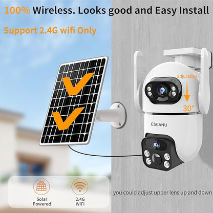 Dual Lens Security Cameras Wireless Outdoor for Home Security, 2K Ultra HD Resolution, 2.4GHz WiFi, 2-Way Audio, Color Night Vision, Motion Detection, PTZ 360 Coverage, No Monthly Fee, IP65 Waterproof