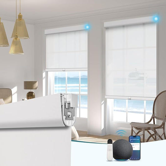 BERISSA Smart Motorized Blinds with Remote,No Drill Automatic Roller Blinds for Indoor Windows,Solar Fabric,Electric Shades for Windows Home Office,Solar White,Custom Size