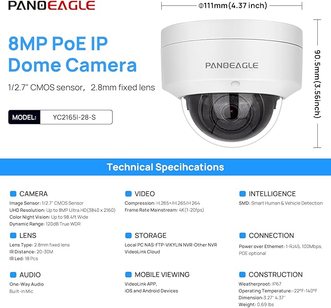 8MP 4K PoE IP Camera Outdoor,Dome Camera with Human/Vehicle Detection,Built-in Mic, 2.8mm Len F1.6 Large Aperture, Security Camera with 100ft EXIR 2.0 Night Vision, IK10/IP66, Blue Iris,NDAA Compliant